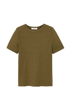 T-shirt vert olive à manches courtes et col rond, avec un ourlet droit et une petite étiquette de marque blanche à l'intérieur du col.