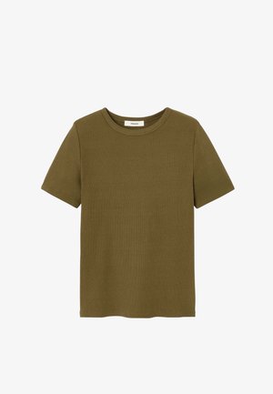 T-shirt vert olive à manches courtes et col rond, avec un ourlet droit et une petite étiquette de marque blanche à l'intérieur du col.