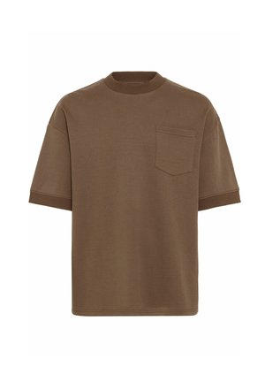 Brown short-sleeve t-shirt made of soft cotton, featuring a round neck and a small chest pocket with a stitched outline.