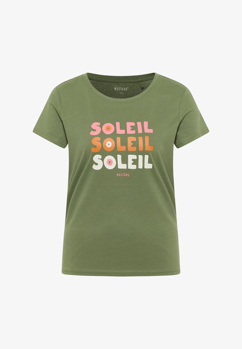 Olivroheline T-särk, mis on valmistatud puuvillast, millel on mitmevärviline tekst "SOLEIL" roosa, oranži ja valgega koos lilledega kaunistustega. Ümmargune kaelus ja lühikesed varrukad.