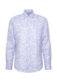 Chemise à manches longues avec col pointu, présentant un motif floral violet clair sur fond blanc.
