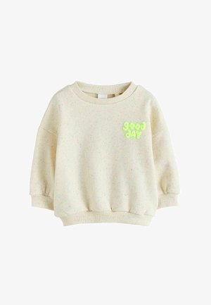 Jasnobeżowa bluza z teksturą w cętki, ściągaczami przy mankietach i u dołu oraz neonowozielonym napisem "good day" na przodzie.