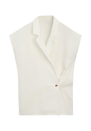 Witte mouwloze blazer met een enkele gouden sluitknop en een reverskraag met inkeping, weergegeven op een witte achtergrond.