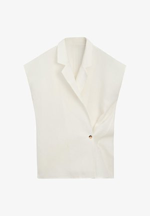 Witte mouwloze blazer met een enkele gouden sluitknop en een reverskraag met inkeping, weergegeven op een witte achtergrond.