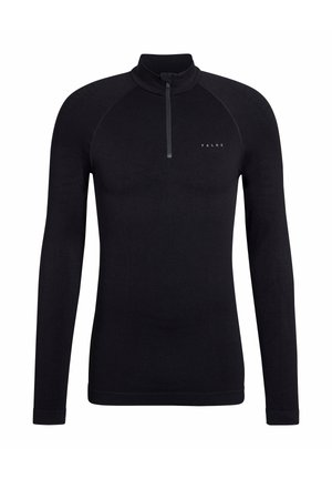 Black long-sleeve top with a half-zip collar, featuring a fitted design, ribbed texture, and subtle logo on the chest. Soft fabric.