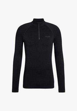 Black long-sleeve top with a half-zip collar, featuring a fitted design, ribbed texture, and subtle logo on the chest. Soft fabric.