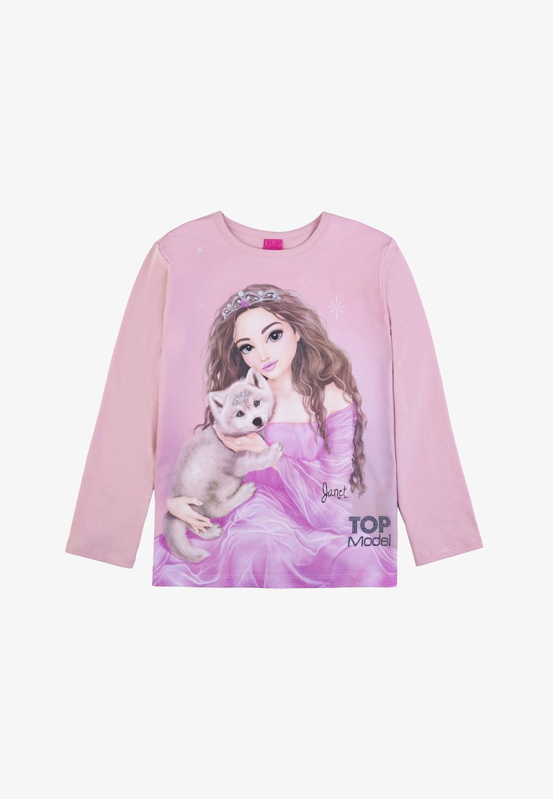 Long-sleeve pink T-shirt featuring a detailed print of a girl in a gown holding a gray puppy, with embellishments and the text "TOP Model."