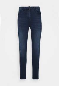 Jeans skinnies de tiro alto en azul oscuro, con botón frontal y bolsillos, exhibidos sobre un fondo blanco.