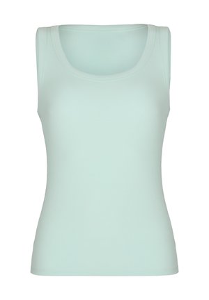 Lichtblauw mouwloos tanktop met ribbelpatroon, een ronde halslijn en een nauwsluitende taille.