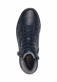 Navy blue leather ankle boot with a textured finish, featuring metal eyelets, laces, and a side zipper. Inside lined with soft, grey material.