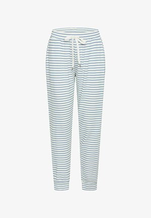 Prúžkové pohodlné nohavice vyrobené z mäkkej látky; biela základňa s modrými horizontálnymi pruhmi; disponujú elastickým pásom s šnúrkou na stiahnutie.