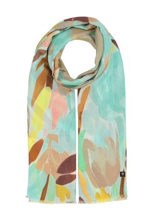 Leichter Schal mit abstraktem Blumenmuster in den Farbtönen Türkis, Braun, Gelb, Pink und Beige, arrangiert in einer geschlossenen Schleife.
