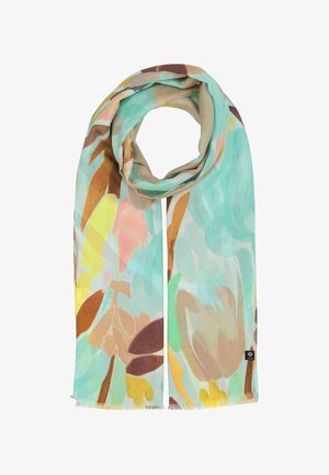 Lightweight scarf with abstract floral print in shades of teal, brown, yellow, pink, and beige, arranged in a looped display.