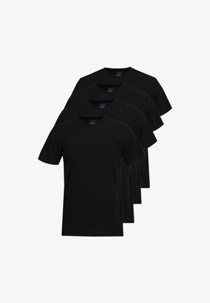 T-shirt in cotone nero, girocollo, maniche corte, esposti in una pila di quattro. Texture liscia, senza motivi o dettagli visibili.