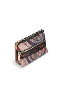 Borsa in tessuto con zip, caratterizzata da un motivo di valuta multicolore, dettagli neri e il logo "Gattinoni" ben in evidenza su una fascia.