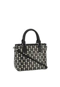 Borsa a mano in bianco e nero con motivo a fantasia, doppi manici, tracolla regolabile e finitura texturizzata. Presenta un motivo floreale su materiale sintetico.