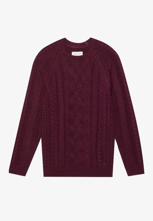 Burgundy knitted sweater featuring a textured cable design, ribbed crew neck, and long sleeves, made from soft, chunky yarn.