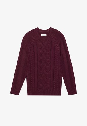 Burgundy knitted sweater featuring a textured cable design, ribbed crew neck, and long sleeves, made from soft, chunky yarn.