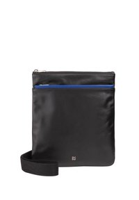 Clutch de cuero negro con una textura suave, que cuenta con un cierre superior y un bolsillo de acento azul. Incluye una correa para la muñeca de tela negra.