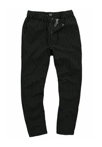 Pantalones de pinstripe negros con un diseño ajustado, cinturilla elástica y cremallera. Presentan rayas verticales blancas y una textura suave.