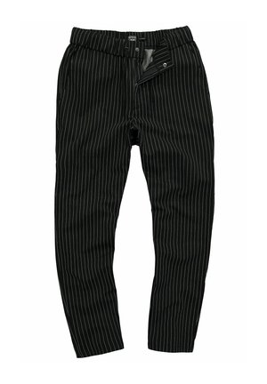 Zwarte streepmotief broek met een aansluitend ontwerp, elastische tailleband en ritssluiting. Kenmerkt zich door witte verticale strepen en een soepele textuur.