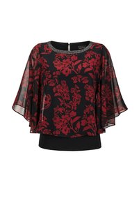 Top nero con maniche trasparenti e svolazzanti, decorato con un motivo floreale rosso. Presenta un colletto con perline e la parte inferiore completamente nera.