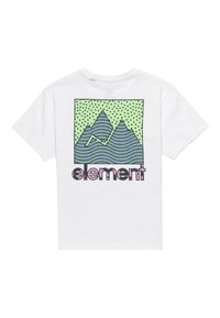 Witte katoenen t-shirt met een kleurrafische bergafbeelding in groen en blauw, met zwarte stippen en de tekst "element" in roze en zwart.