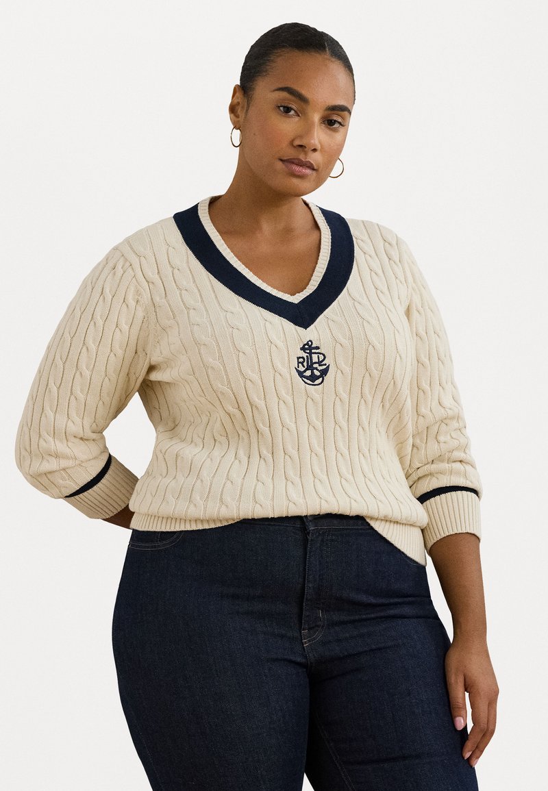 Lauren Ralph Lauren Woman CABLE KNIT COTTON CRICKET SWEATER - Džemperis - mascarpone cream/lauren navy