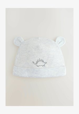 Világosszürke pamut sapka hajtogatott cuff-fal és texturált füllel. Az oldalon egy egyszerű dinoszaurusz hímzés található. Puha, rugalmas anyag.