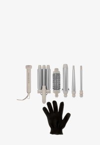 Hairstyling-Set mit einem Griff, drei silbernen Barrel-Aufsätzen, einer Rundbürste und einem schwarzen hitzebeständigen Handschuh.
