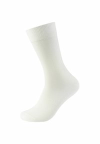 Weißer Baumwollsocken mit geripptem Bund, glatter Textur und glattem Körper. Verfügt über einen verstärkten Zehenbereich und ein dezentes elastisches Band für den Sitz.