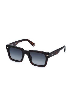 Lunettes de soleil carrées en écaille avec verres dégradés foncés et petits accents triangulaires argentés près des bords de la monture.
