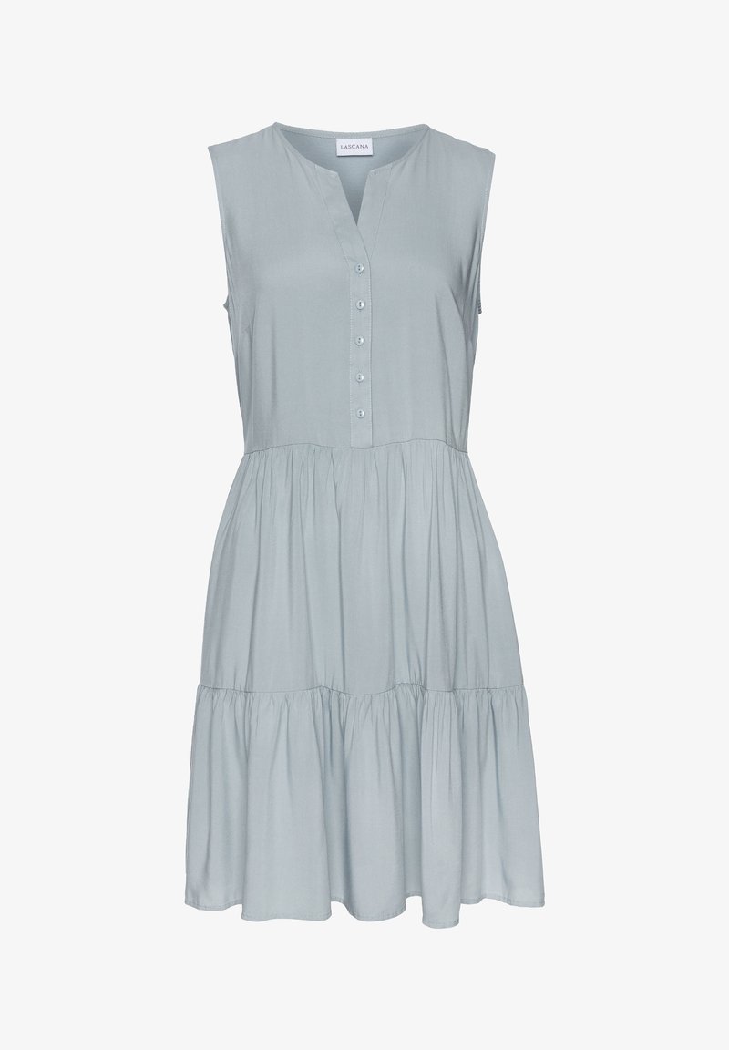 Vestido sin mangas de color azul claro con escote en V, cierre frontal de botones y falda fruncida con un diseño en capas y textura de tela suave.
