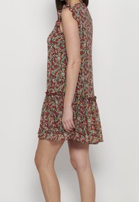Robe sans manches fleurie avec une base rouge, des motifs floraux multicolores, un col à volants et un ourlet à étages. Tissu léger.