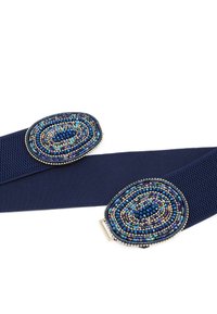 Cintura elastica blu navy con due fibbie ovali decorate con motivi a spirale blu, teal e argento. Texture liscia con chiusura sicura.