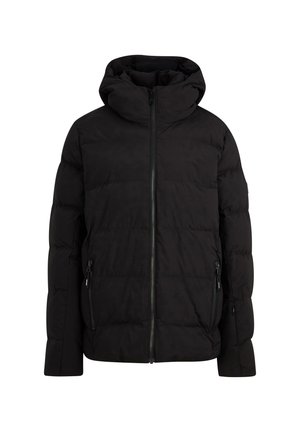 Schwarze Daunenjacke mit Kapuze, ausgestattet mit einem Frontreißverschluss, zwei seitlichen Taschen und einem gesteppten Design. Robuste und isolierende Konstruktion.