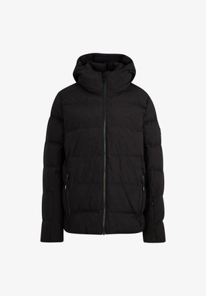 Schwarze Daunenjacke mit Kapuze, ausgestattet mit einem Frontreißverschluss, zwei seitlichen Taschen und einem gesteppten Design. Robuste und isolierende Konstruktion.