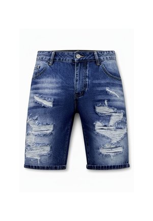 Blauwe denim shorts met meerdere versleten en gescheurde plekken aan de voorkant, knoopsluiting, riemlussen en voorzakken.