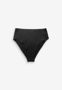 Schwarze, nahtlose Damen-Slips mit hoher Taille aus glattem, dehnbarem Stoff auf weißem Hintergrund.
