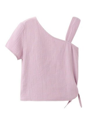 Lichtpaars gestructureerd topje met korte mouwen, één off-shoulder bandje en asymmetrische halslijn, met een knoopdetail aan de rechterkant.