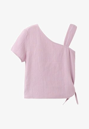 Lichtpaars gestructureerd topje met korte mouwen, één off-shoulder bandje en asymmetrische halslijn, met een knoopdetail aan de rechterkant.