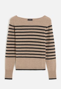 Beżowy sweter z czarnymi poziomymi paskami, szerokim dekoltem, długimi rękawami, ściągaczami przy mankietach i u dołu, miękka struktura, casualowy fason.
