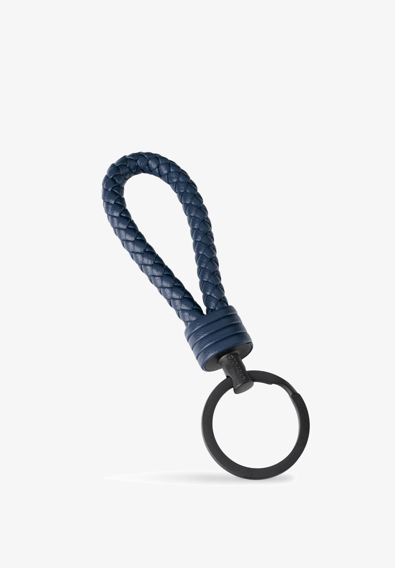 Navy blue leather keychain with a braided loop, featuring a textured grip and a round black metal ring for key attachment.