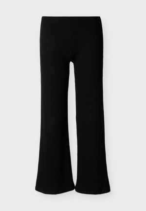 Pantalones de punto acanalado negros de pierna ancha con cintura alta y sin cierres visibles, mostrados sobre un fondo liso gris claro.