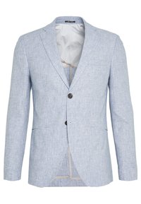 Svetle modrý blazer z texturované tkaniny. Má přední zapínání na dva knoflíky, klopové límce a náprsní kapsu. Vnitřek je lehce podšitý.