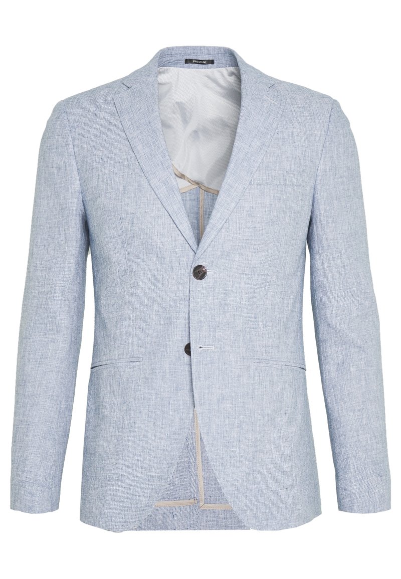 Svetle modrý blazer z texturované tkaniny. Má přední zapínání na dva knoflíky, klopové límce a náprsní kapsu. Vnitřek je lehce podšitý.