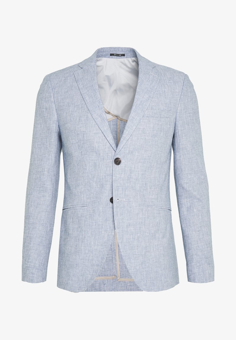 Svetle modrý blazer z texturované tkaniny. Má přední zapínání na dva knoflíky, klopové límce a náprsní kapsu. Vnitřek je lehce podšitý.