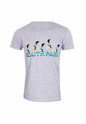 Grijze katoenen t-shirt met een cartoonontwerp met meerdere figuren en de tekst "SOUTH PARK" in vet turquoise letters op de voorkant.