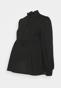 Blusa da maternità nera con colletto arricciato, apertura frontale con bottoni e maniche lunghe a sbuffo; vita arricciata e tessuto morbido per il comfort.