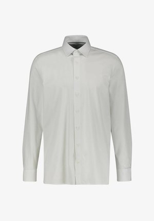 Langärmliges weißes Hemd aus glattem Stoff, mit Kragen, durchgehender Knopfleiste und strukturierten Manschetten mit Knopfdetails.